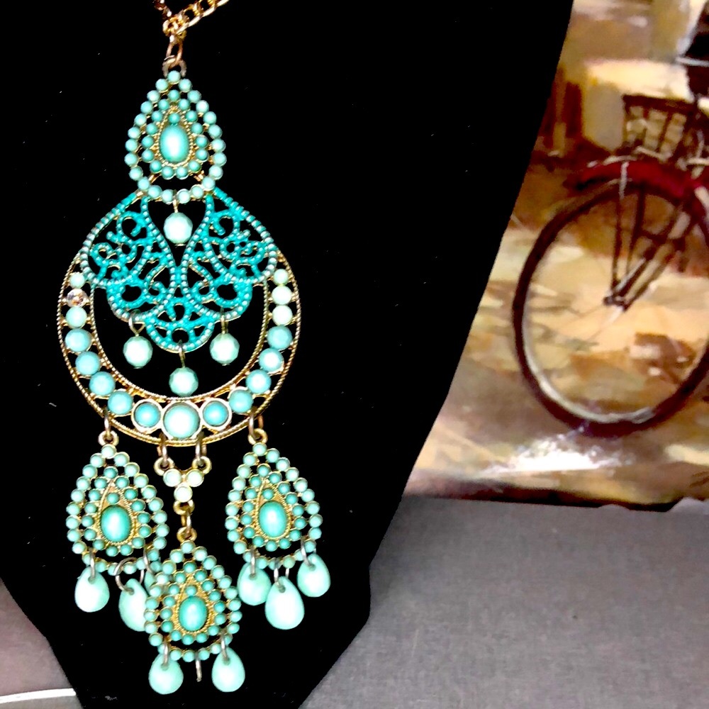 Turquoise Teardrop Filigree Chandelier Necklace